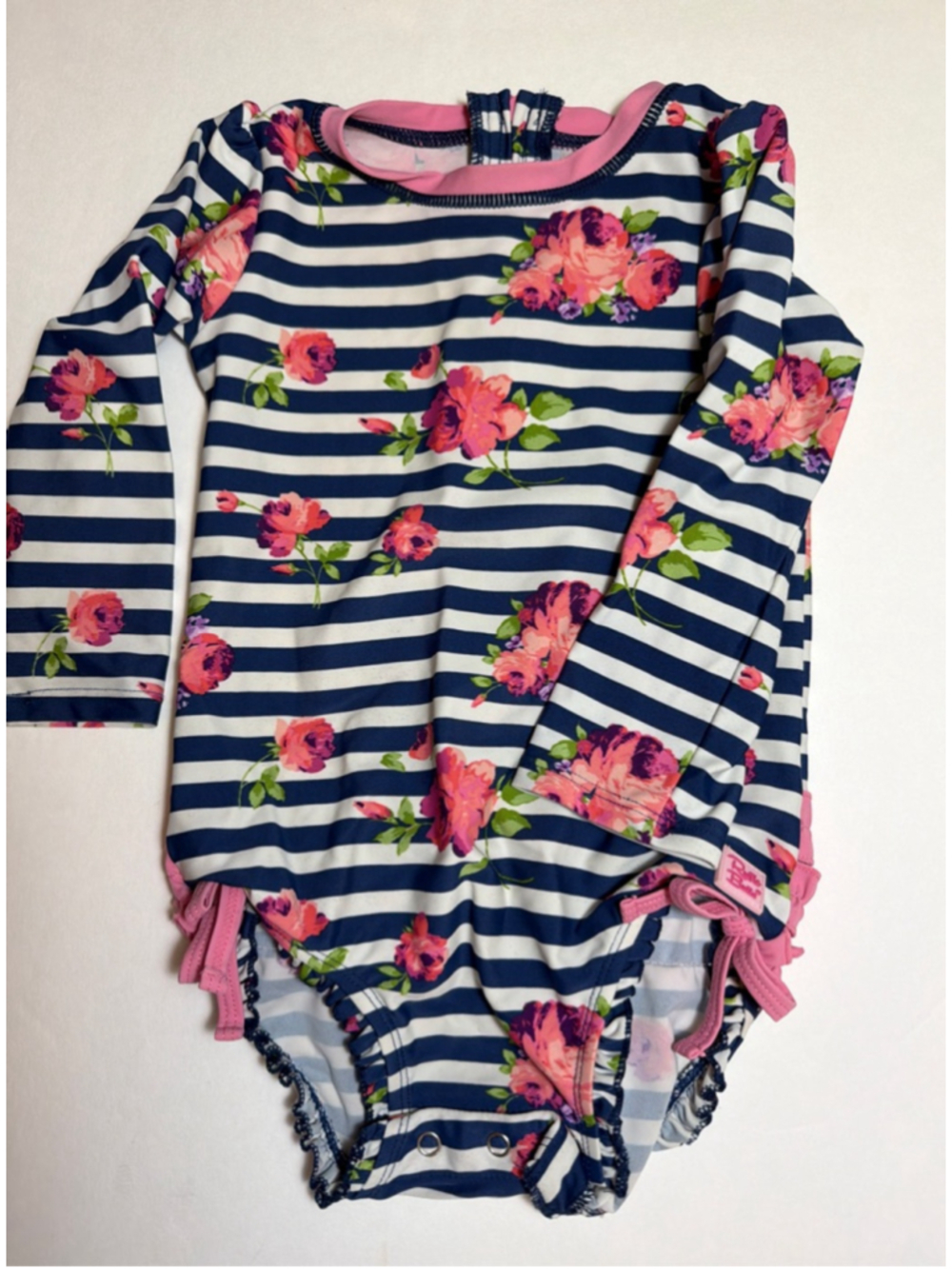 Girls Ruffle Butts Rashguard 2T Long Sleeve Navy Pink Striped Floral Swimsuit